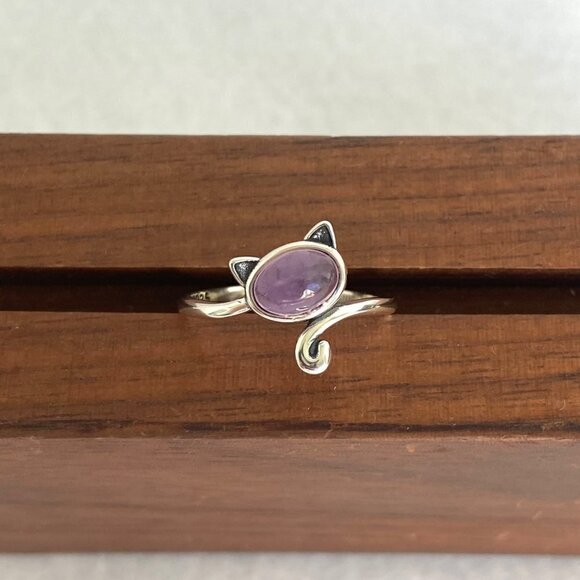 Sterling Silver 925 Oval Amethyst Cabochon Kitty Cat Band Ring Size 6 Cat Lover - Picture 11 of 16